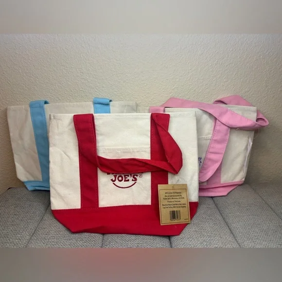 Trader Joe’s Mini Canvas Tote Bags— 2 Pastels (Pink & Blue) + 1 Red (3 total) - Picture 4 of 11